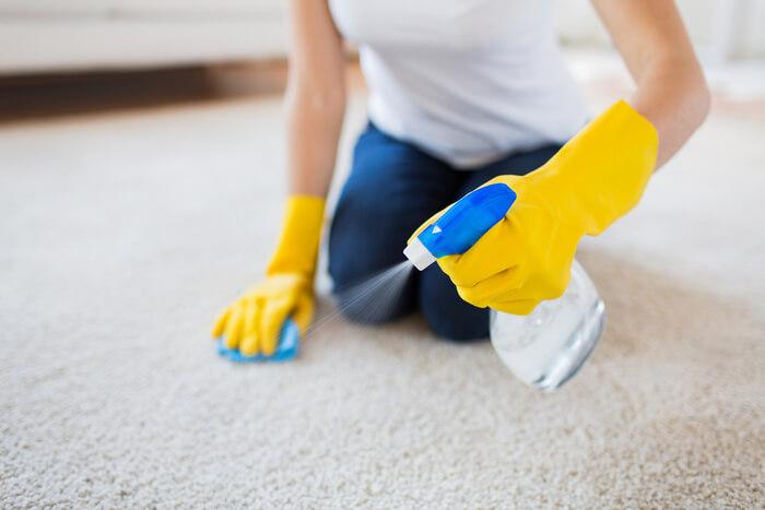limpiar un desastre de una alfombra con una botella de spray
